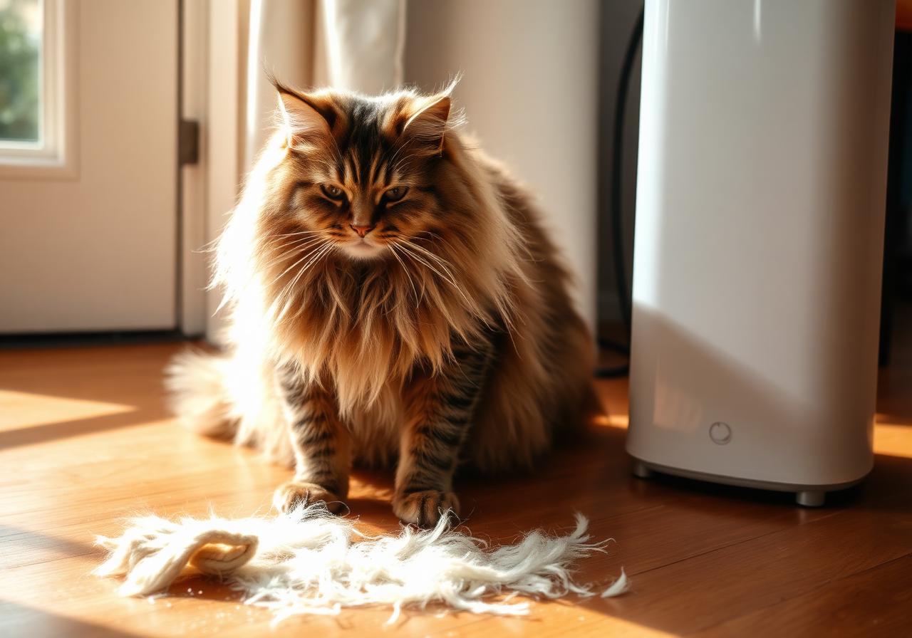 Long-haired tabby cat shedding fur on the floor near a tall white air purifier in a sunlit room