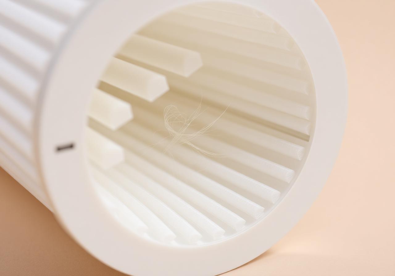 Close-up of a pleated H13 true HEPA filter cartridge capturing pet hair fibers