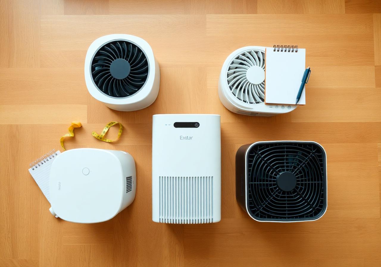 Five 2026 air purifier models photographed top-down on an oak floor for comparison
